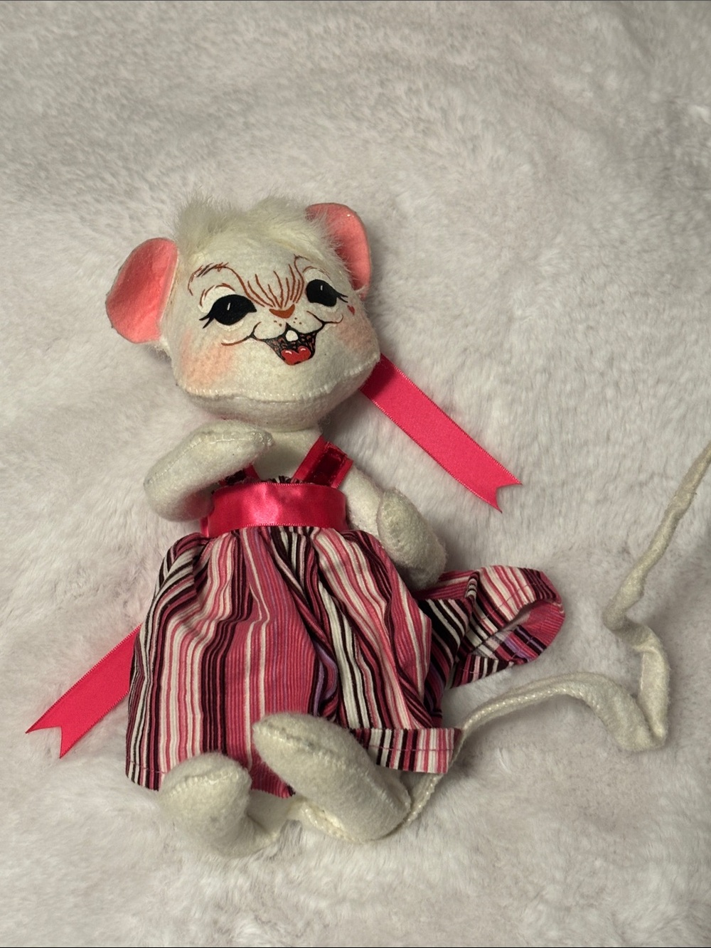 Vintage White Plushy Annalise Doll with Pink Ribbon Dress